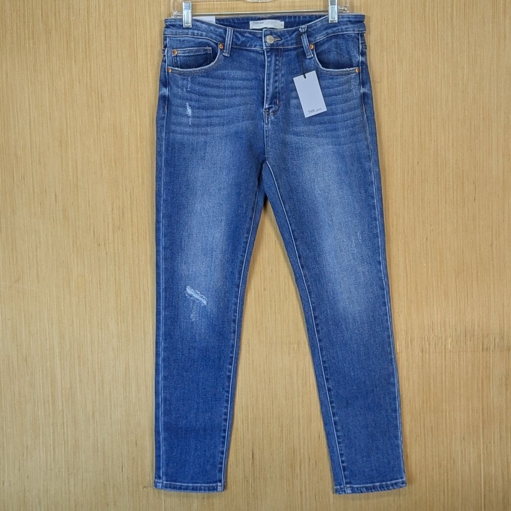 TNR Jeans Womens Mid Rise Ankle Skinny Jeans Blue Distressed Denim Size 31‎ NWT